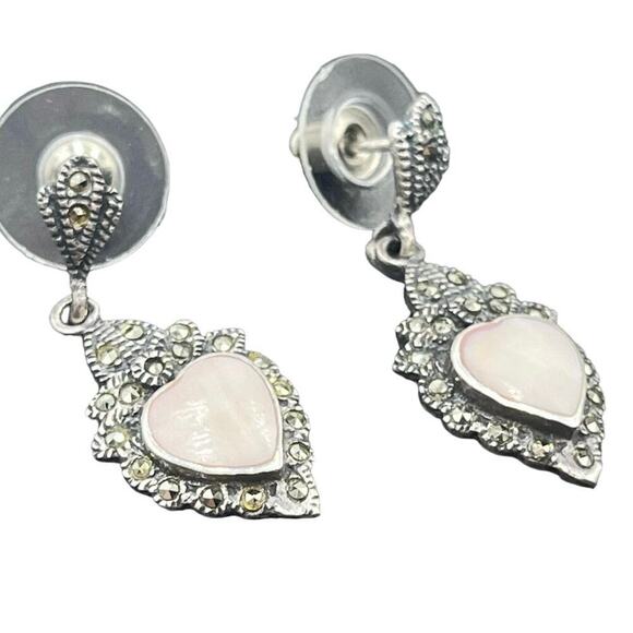 Vtg Signed M 925 Sterling Silver
Marcasite Mother of Pearl Heart
Dangle Earrings - Picture 2 of 15